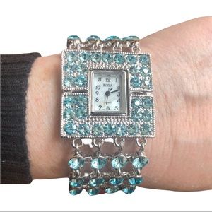 Bora Silver Quartz Watch Square Aquamarine Rhinestones Secure Clasp Gift Boxed